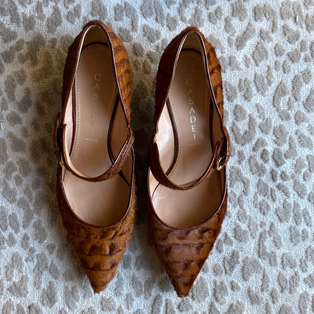 Casadei Italian Handcrafted Calf Hair Kitten Heels with Strap, size 6.5
